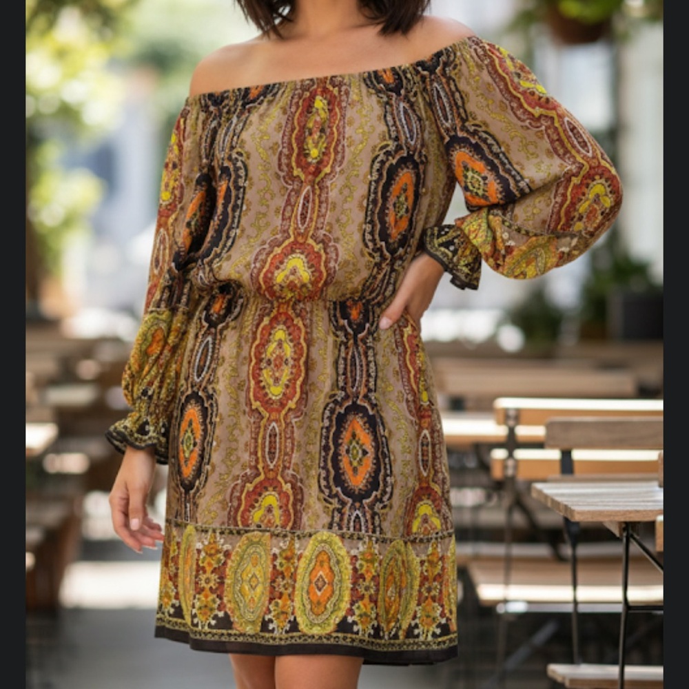 Boston Proper muse size 4 brown yellow jersey Off The Shoulder Dress Bohemian